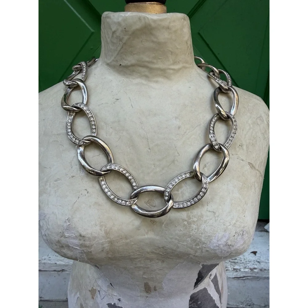 Rhinestone Silver Tone Chunky Chain Link Necklace with‎ Extender Glam Edgy Event - Picture 2 of 9
